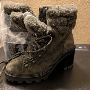 Jimmy Choo Olive Suede Shearling-Trim Lug Heel Boots